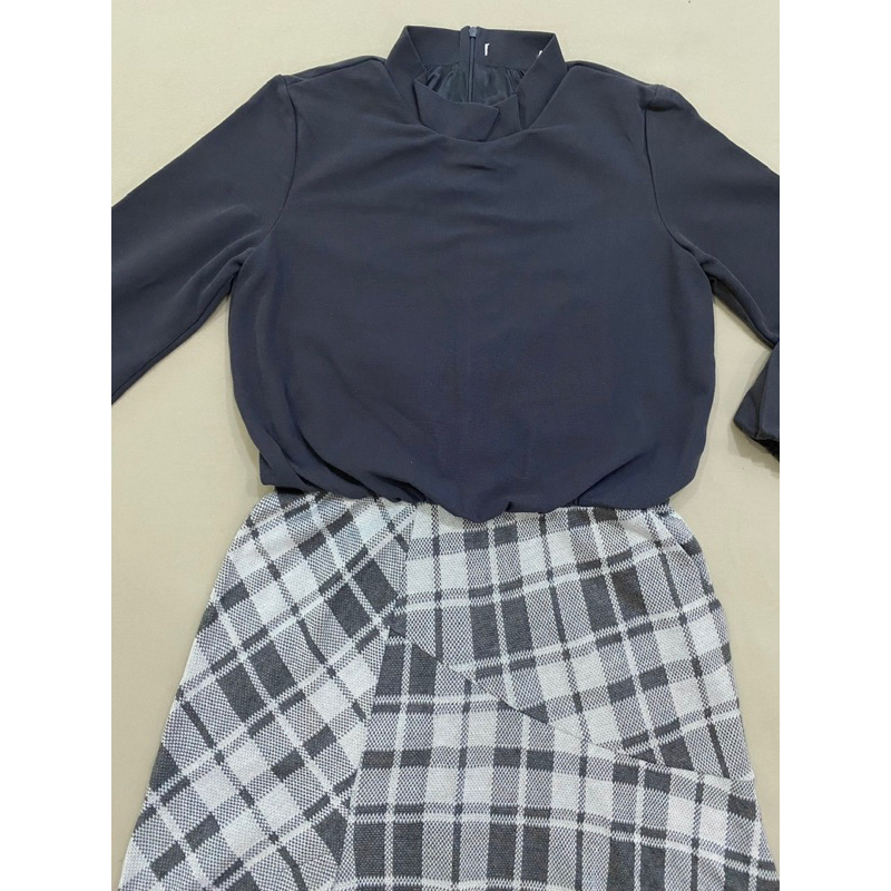 Đầm vải thun dày phối váy kẻ  - Thanh lý vnxk