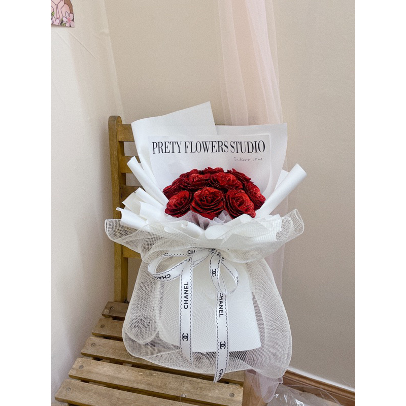 Bó hoa nhũ 10 bông phối voan