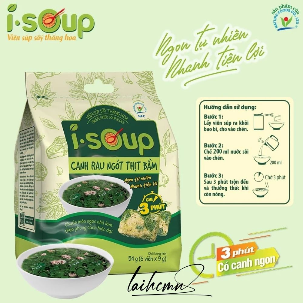 Canh Rau Ngót Thịt Bằm Ăn Liền I-Soup 54g  Viên Sấy Thăng Hoa Canh Lười Tiết Kiệm Thời Gian Ngon Như Mẹ Nấu