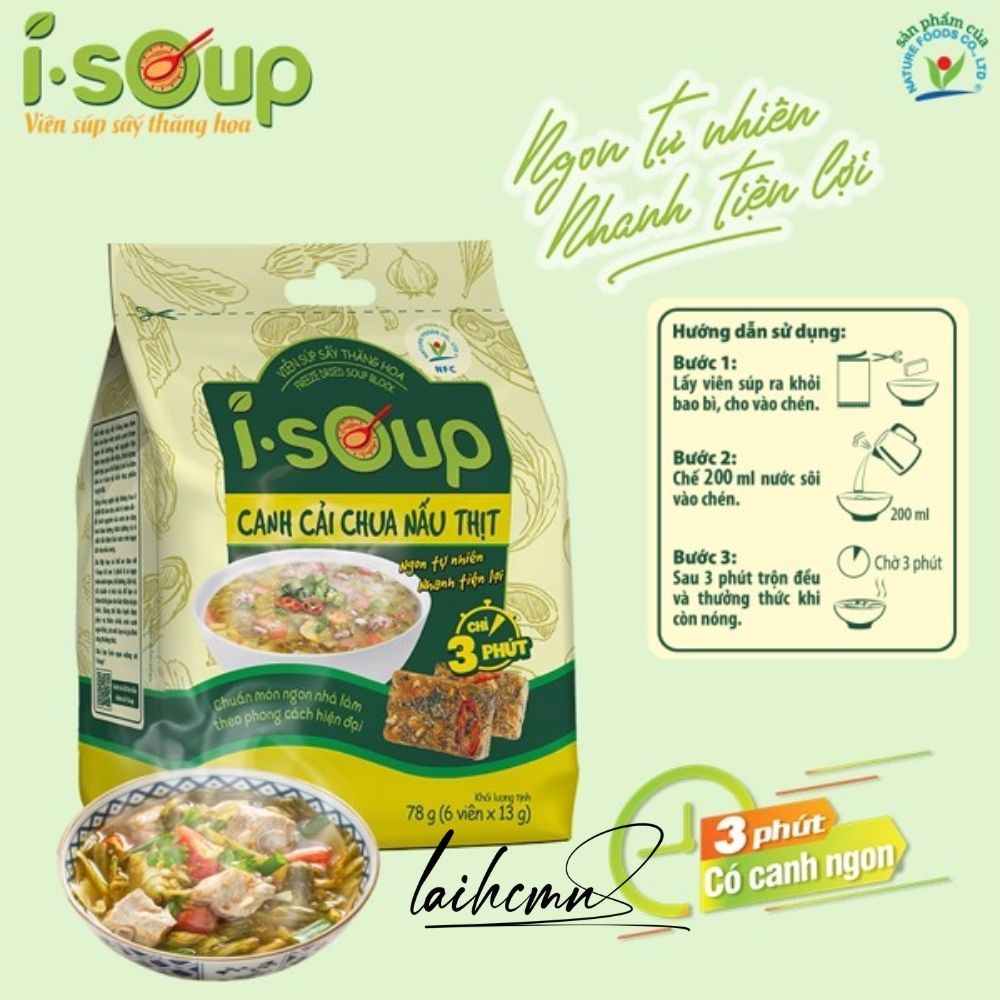Canh Cải Chua Nấu Thịt I-Soup 78g  Viên Sấy Thăng Hoa Canh Lười Tiết Kiệm Thời Gian Ngon Như Mẹ Nấu
