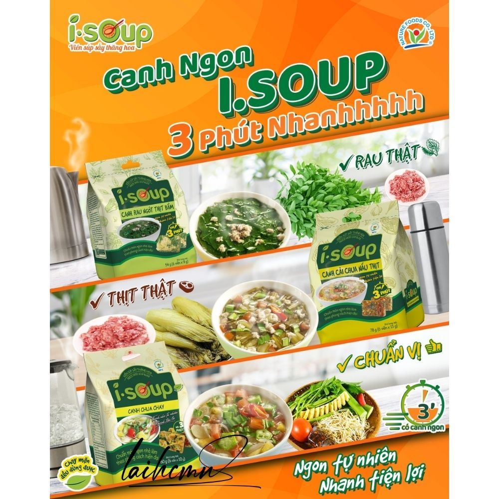 Canh Rau Ngót Thịt Bằm Ăn Liền I-Soup 54g  Viên Sấy Thăng Hoa Canh Lười Tiết Kiệm Thời Gian Ngon Như Mẹ Nấu