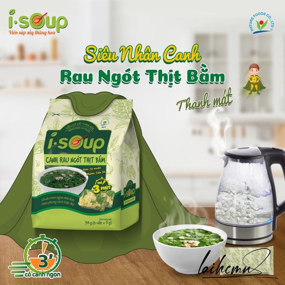 Canh Rau Ngót Thịt Bằm Ăn Liền I-Soup 54g  Viên Sấy Thăng Hoa Canh Lười Tiết Kiệm Thời Gian Ngon Như Mẹ Nấu