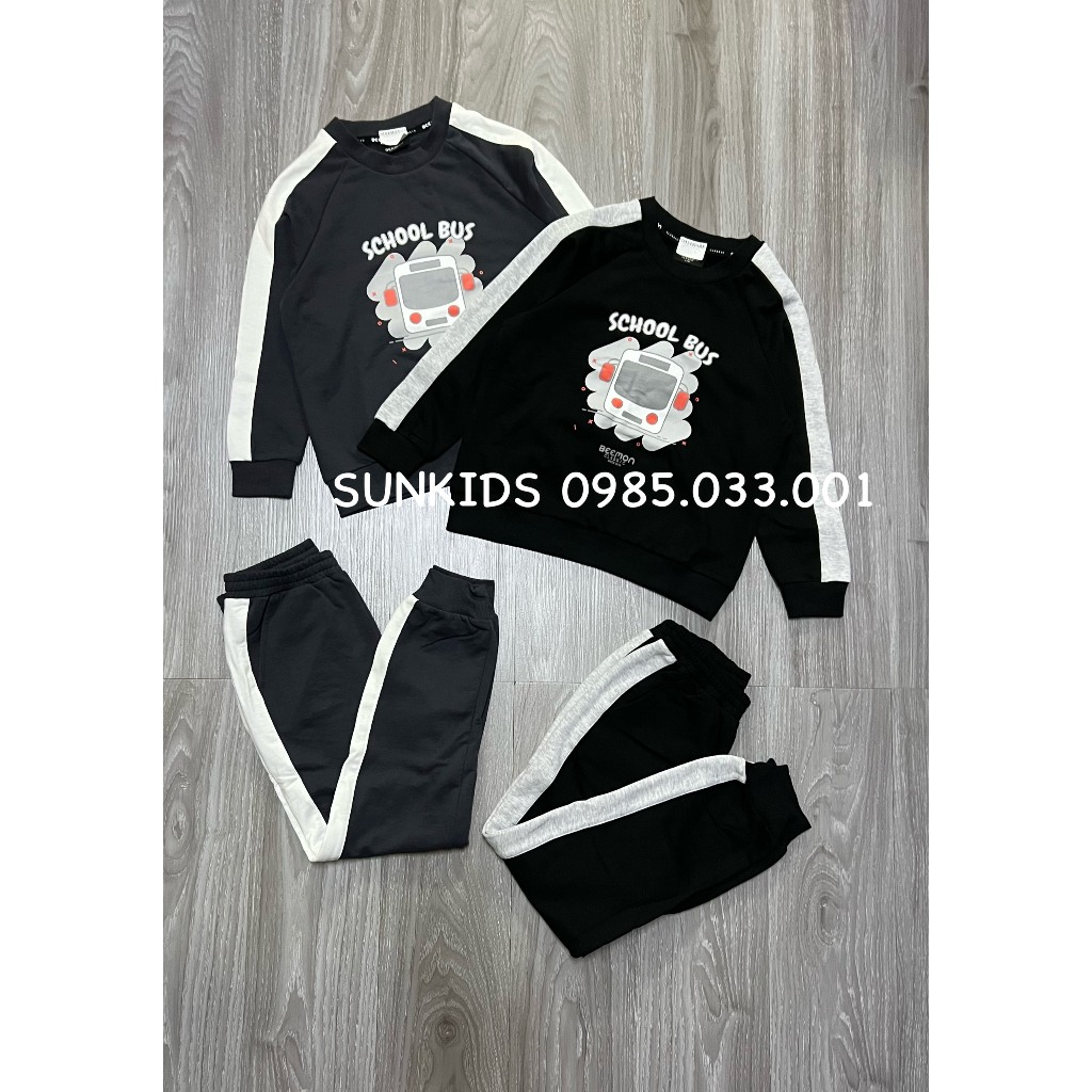 Bộ thu đông bé trai bé gái nỉ da cá Beemon hình xe Bus