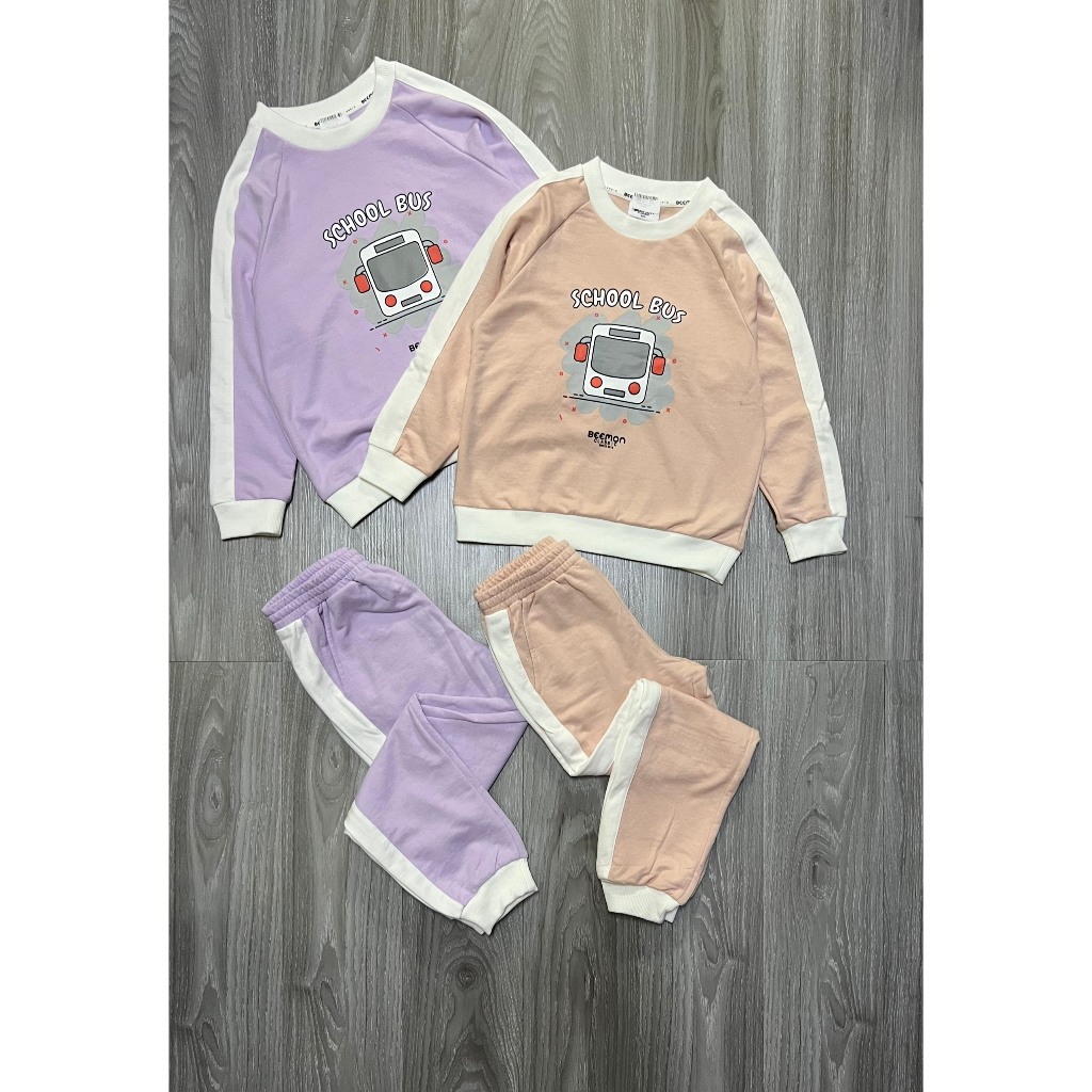 Bộ thu đông bé trai bé gái nỉ da cá Beemon hình xe Bus