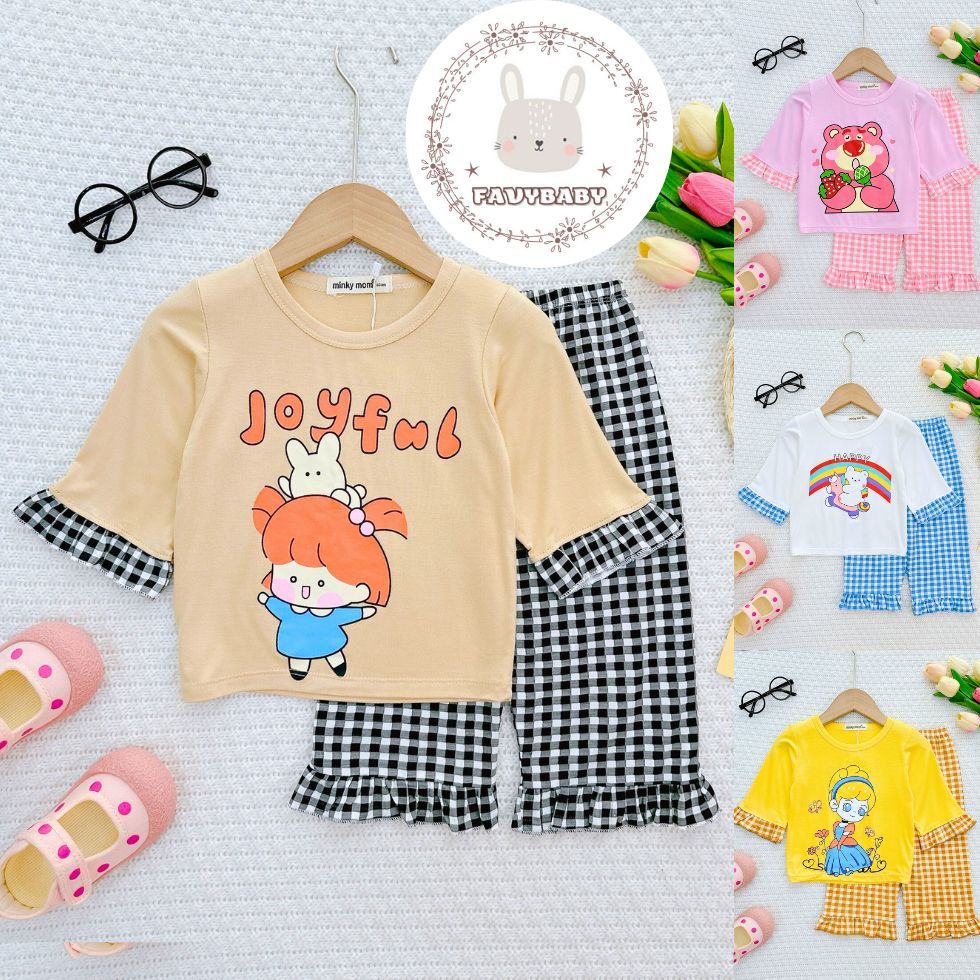 Đồ Bộ Lửng Bé Gái MINKY MOM Chính Hãng Thun Lạnh Quần Kẻ Caro Phối Bèo Viền Đáng Yêu Cho Bé 0 1 2 3 4 5 Tuổi - Favybaby