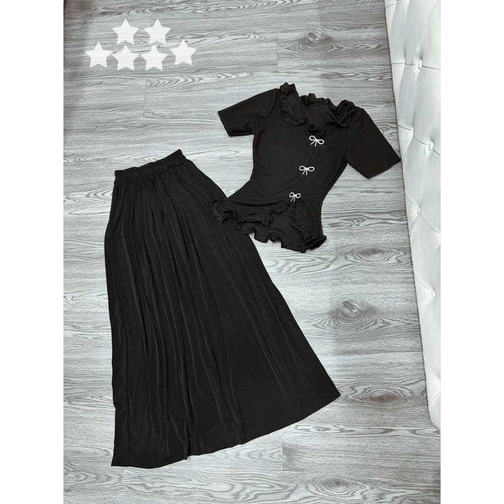 Set nữ thun gân áo form ngắn mix chân váy đuôi cá dài xinh xắn