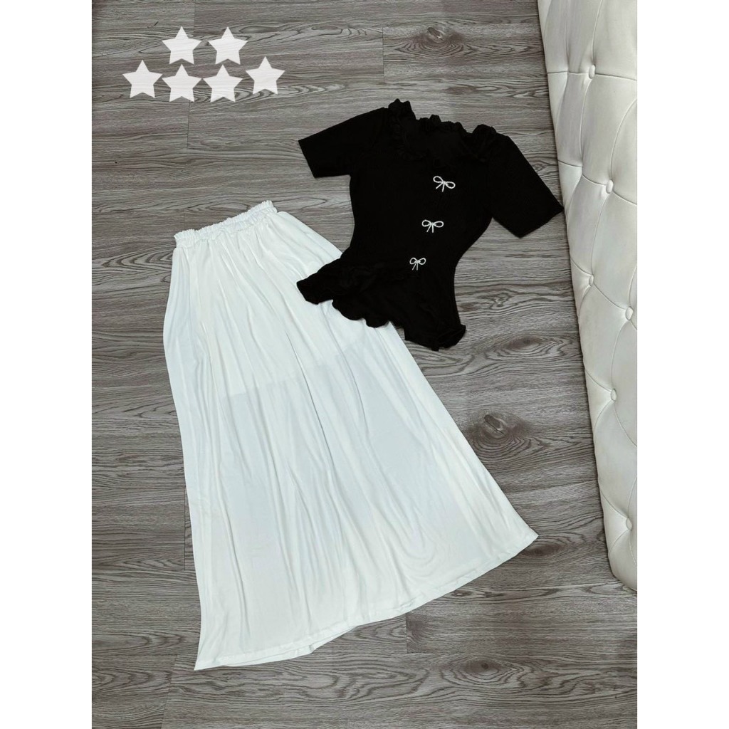 Set nữ thun gân áo form ngắn mix chân váy đuôi cá dài xinh xắn