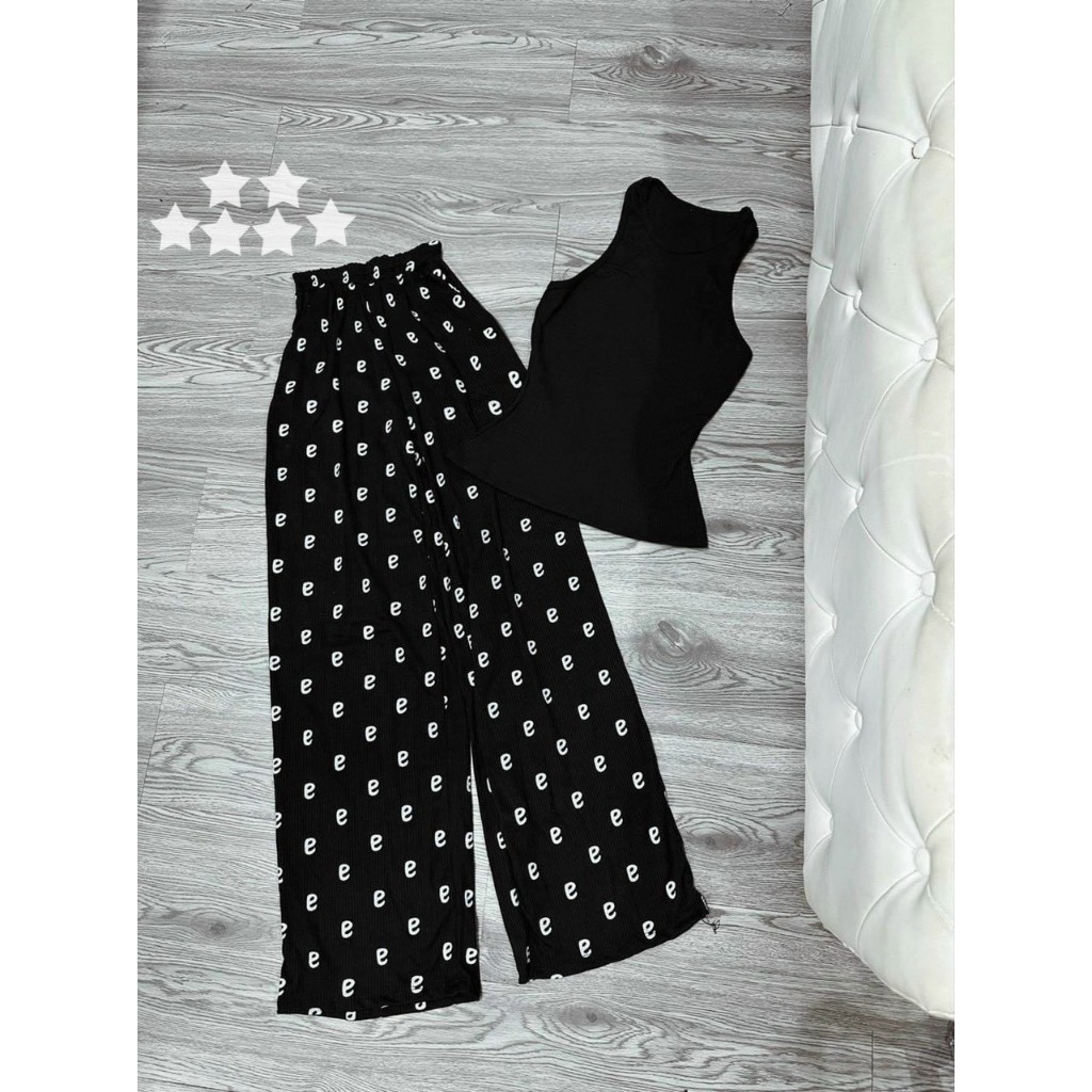 Set bộ nữ 2 món áo thun ba lỗ form ngắn mix quần suông dáng dài in chữ chất thun gân xinh hot