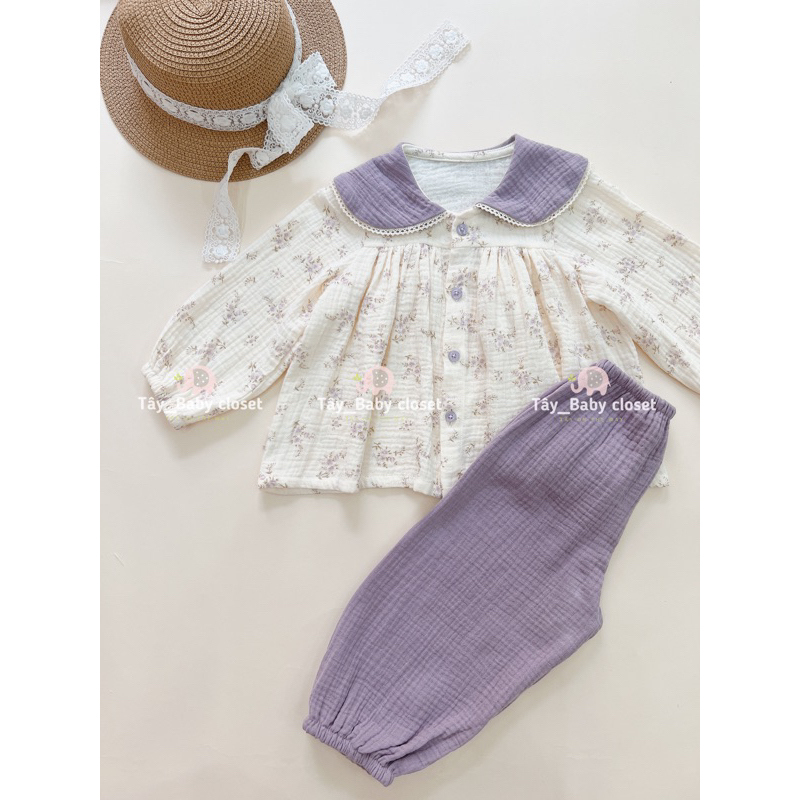 Đồ bộ tay dài pijama cổ lá sen hoa nhí tím Tây babycloset cho bé gái