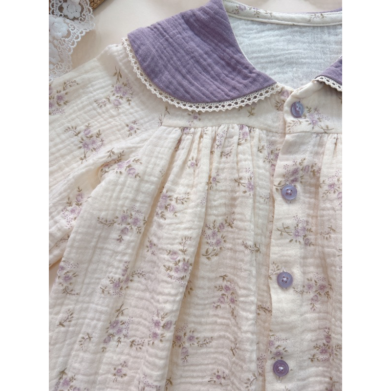 Đồ bộ tay dài pijama cổ lá sen hoa nhí tím Tây babycloset cho bé gái