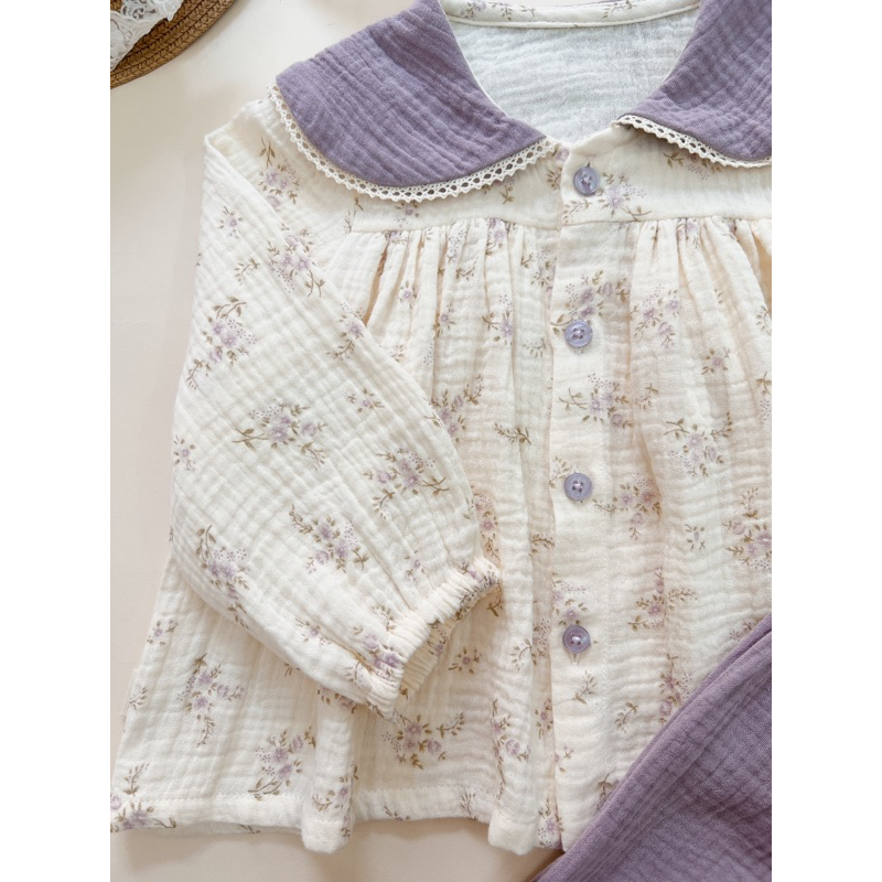 Đồ bộ tay dài pijama cổ lá sen hoa nhí tím Tây babycloset cho bé gái