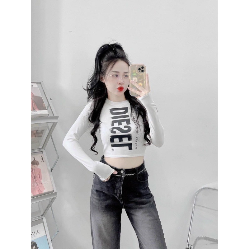 Áo phông zip in chữ croptop dài tay 2 màu