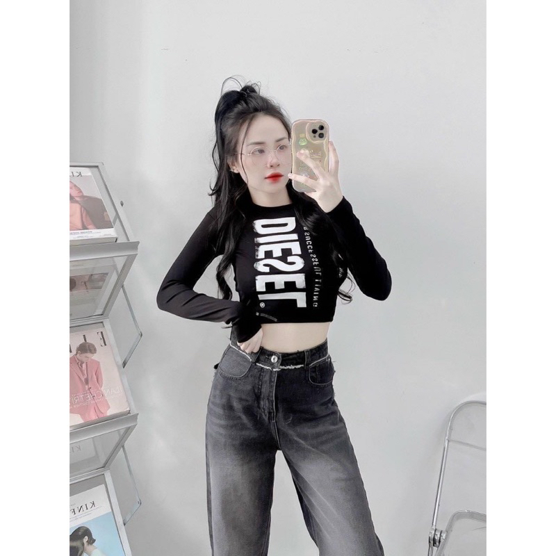 Áo phông zip in chữ croptop dài tay 2 màu