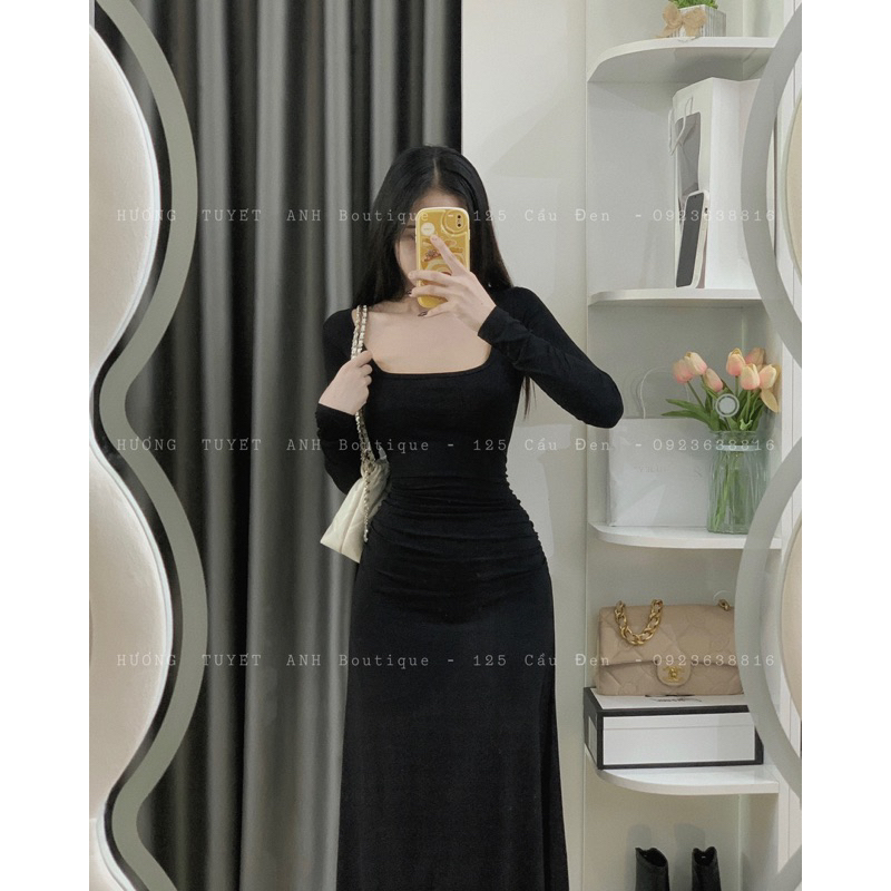 Đầm cổ U nhún eo lụa đuôi cá tay dài