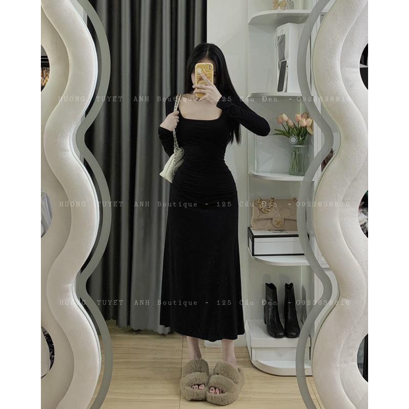 Đầm cổ U nhún eo lụa đuôi cá tay dài