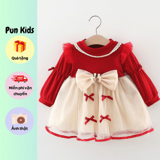 Váy đỏ nơ kem phối voan phong cách hàn quốc cho bé gái từ 7-15kg