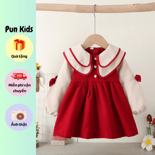 Váy nhung đỏ tay phối nơ cutee phong cách hàn quốc cho bé gái từ 11-27kg