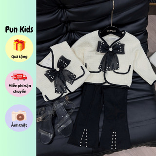 Set áo dạ thiết kế kèm nơ mix quần loe đính ngọc phong cách hàn quốc cho bé gái từ 9-23kg BD67