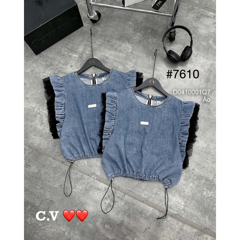 Áo jean croptop sát nách phối bèo rút eo sang trọng VIENS STORE