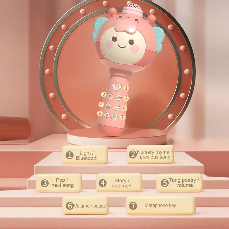 Micro cho bé hát karaoke kết nối Bluetooth, Mic cho be, phát nhạc, có đèn, thay đổi giọng nói, tích hợp loa không dây
