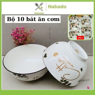 Bộ 10 chén bát ăn cơm gốm sứ cáo cấp hoa văn hoá hải đường 4D viền miệng chén