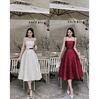 Đầm nữ thiết kế dự tiệc hai dây phối nơ eo dáng midi chất liệu gấm cao cấp