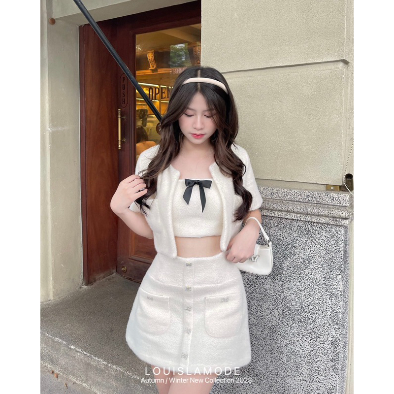 Set Dạ Lông Thỏ Ba Món Đính Nơ Đá Phong Cách Tiểu Thư