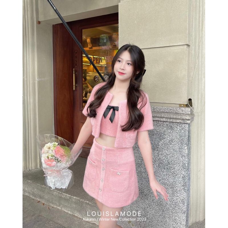 Set Dạ Lông Thỏ Ba Món Đính Nơ Đá Phong Cách Tiểu Thư