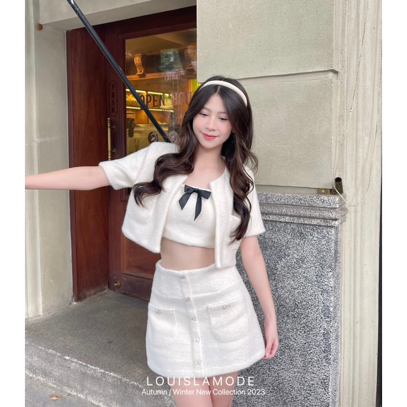 Set Dạ Lông Thỏ Ba Món Đính Nơ Đá Phong Cách Tiểu Thư