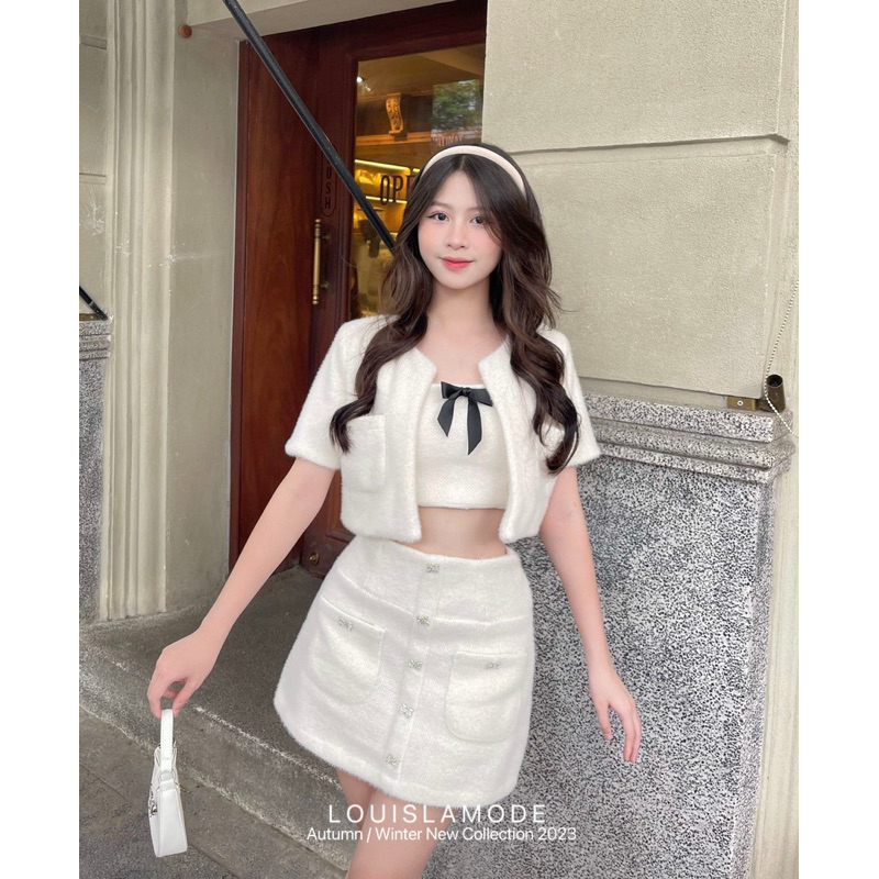 Set Dạ Lông Thỏ Ba Món Đính Nơ Đá Phong Cách Tiểu Thư