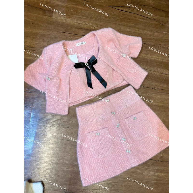 Set Dạ Lông Thỏ Ba Món Đính Nơ Đá Phong Cách Tiểu Thư