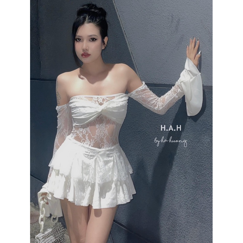 Đầm thiết kế ren trễ vai bèo tiểu thư