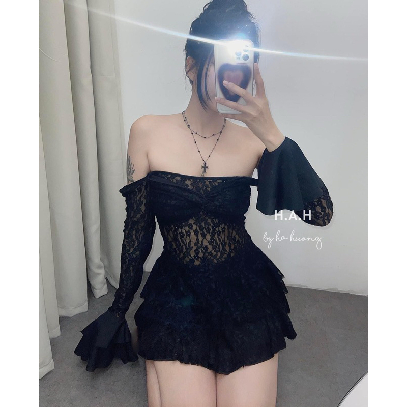 Đầm thiết kế ren trễ vai bèo tiểu thư