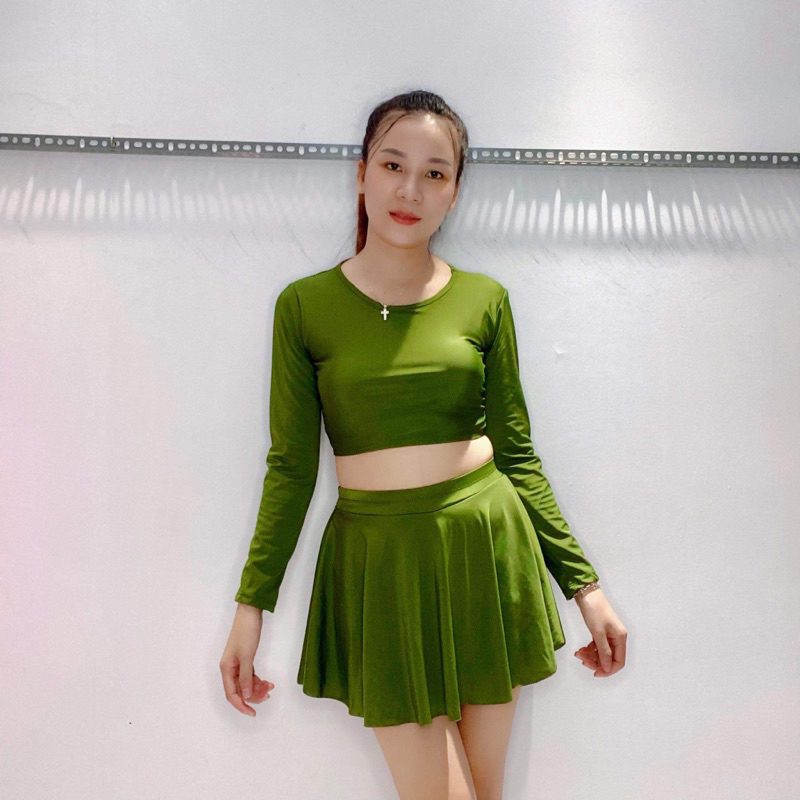 Đồ bơi nữ tay dài kín đáo bikini 2 mãnh áo có mút ngực váy xòe lưng cao che bụng bên trong có quần đùi Xuka