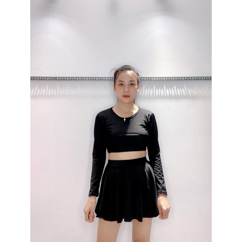 Đồ bơi nữ tay dài kín đáo bikini 2 mãnh áo có mút ngực váy xòe lưng cao che bụng bên trong có quần đùi Xuka