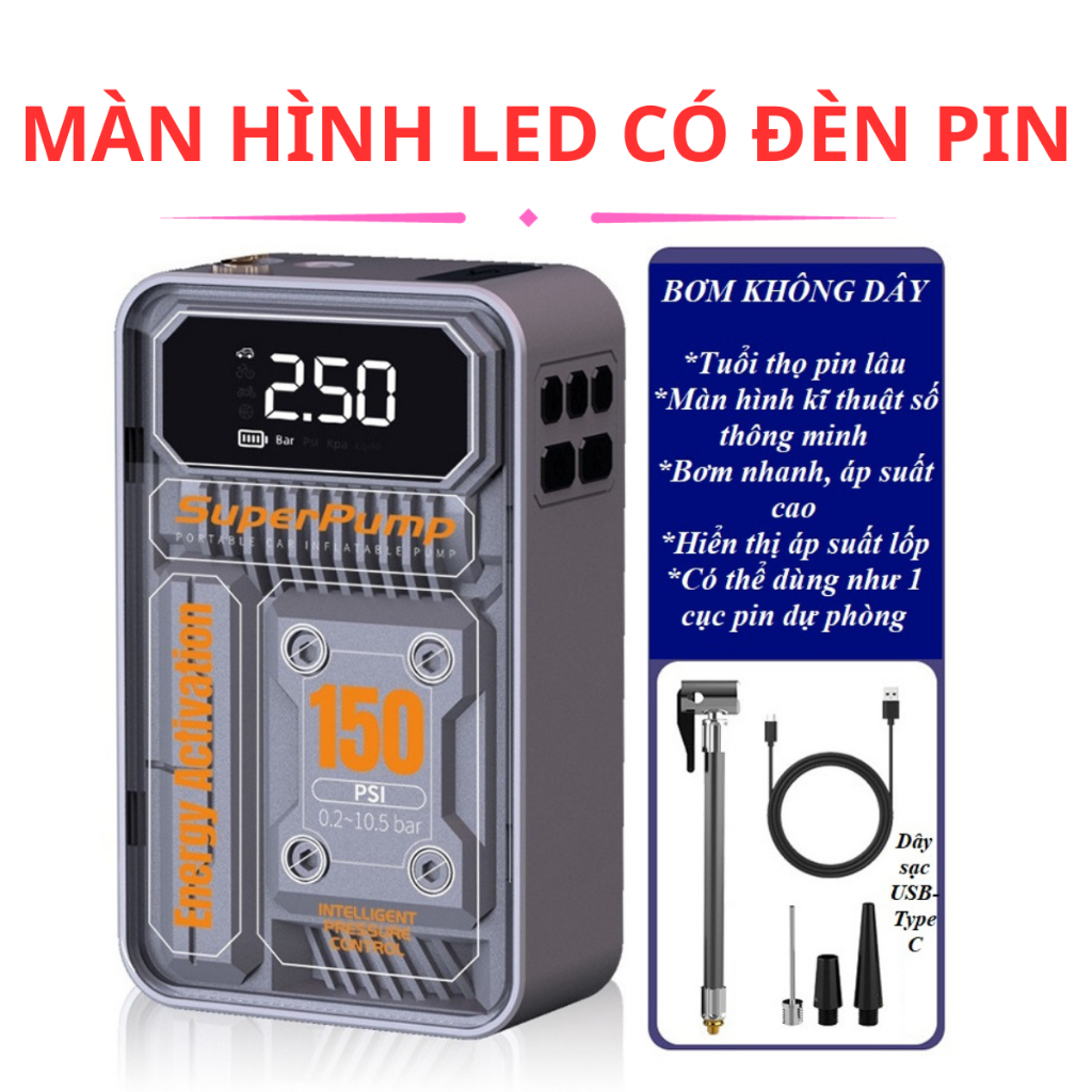 Máy bơm lốp ô tô , máy bơm hơi điện tử không dây 3 chức năng bơm hơi , sạc dự phòng ,đèn pin , Máy bơm hơi bảo hành 12 t