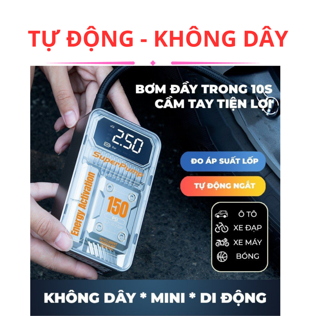 Máy bơm lốp ô tô , máy bơm hơi điện tử không dây 3 chức năng bơm hơi , sạc dự phòng ,đèn pin , Máy bơm hơi bảo hành 12 t