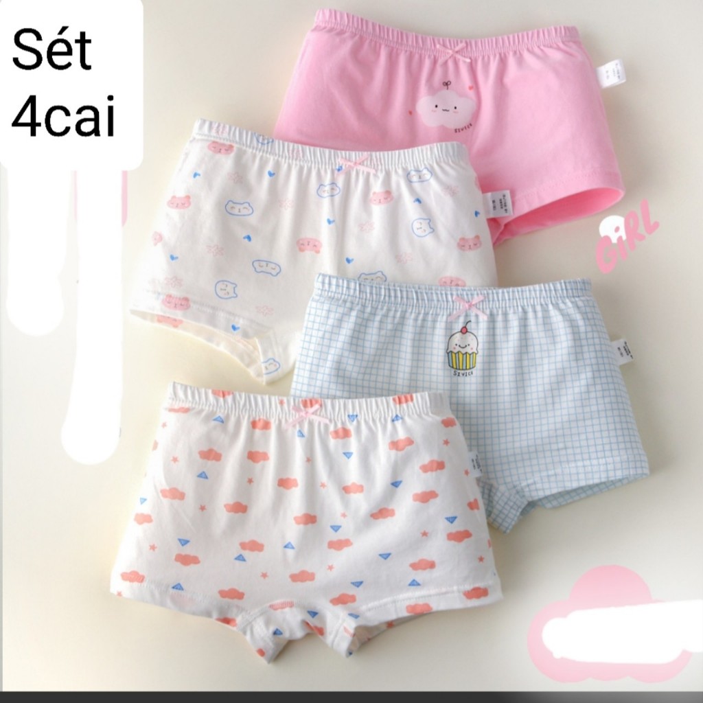 CHIP ĐÙI BÉ GÁI SÉT 4 QUẦN LÓT COTTON KHÁNG KHUẨN NỮ SINH 9-45KG