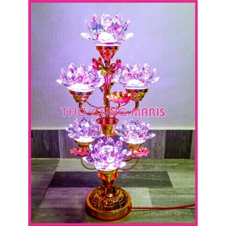 Đèn bàn thờ hoa sen Pha Lê 7 bông CAO 50cm để bàn thờ Phật, Gia Tiên, Thân Mạ Đồng, mạch LED tự động đổi màu dễ thay thế