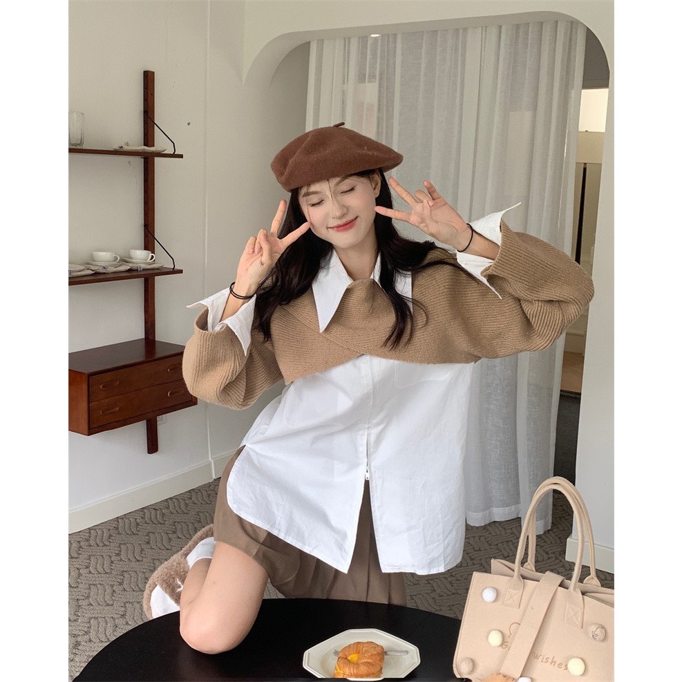 Áo dệt kim ngắn dài tay phối sơ mi rộng, Set áo len chéo vạt kèm sơ mi trắng Shine.Clothes