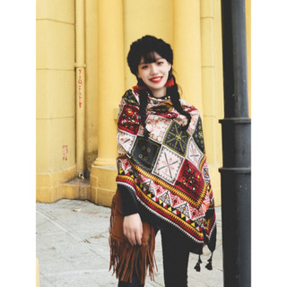 Khăn voan họa tiết thổ cẩm tông đỏ nâu vintage - MS115 (Có ảnh thật)