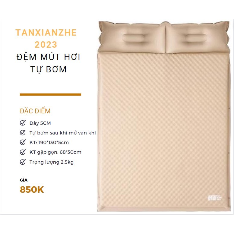 Đệm Hơi Dã Ngoại Tự Bơm, Tự Phồng kèm gối dày 5cm thiết kế màu nhã nhặn dễ vệ sinh, tiện lợi mang đi du lịch