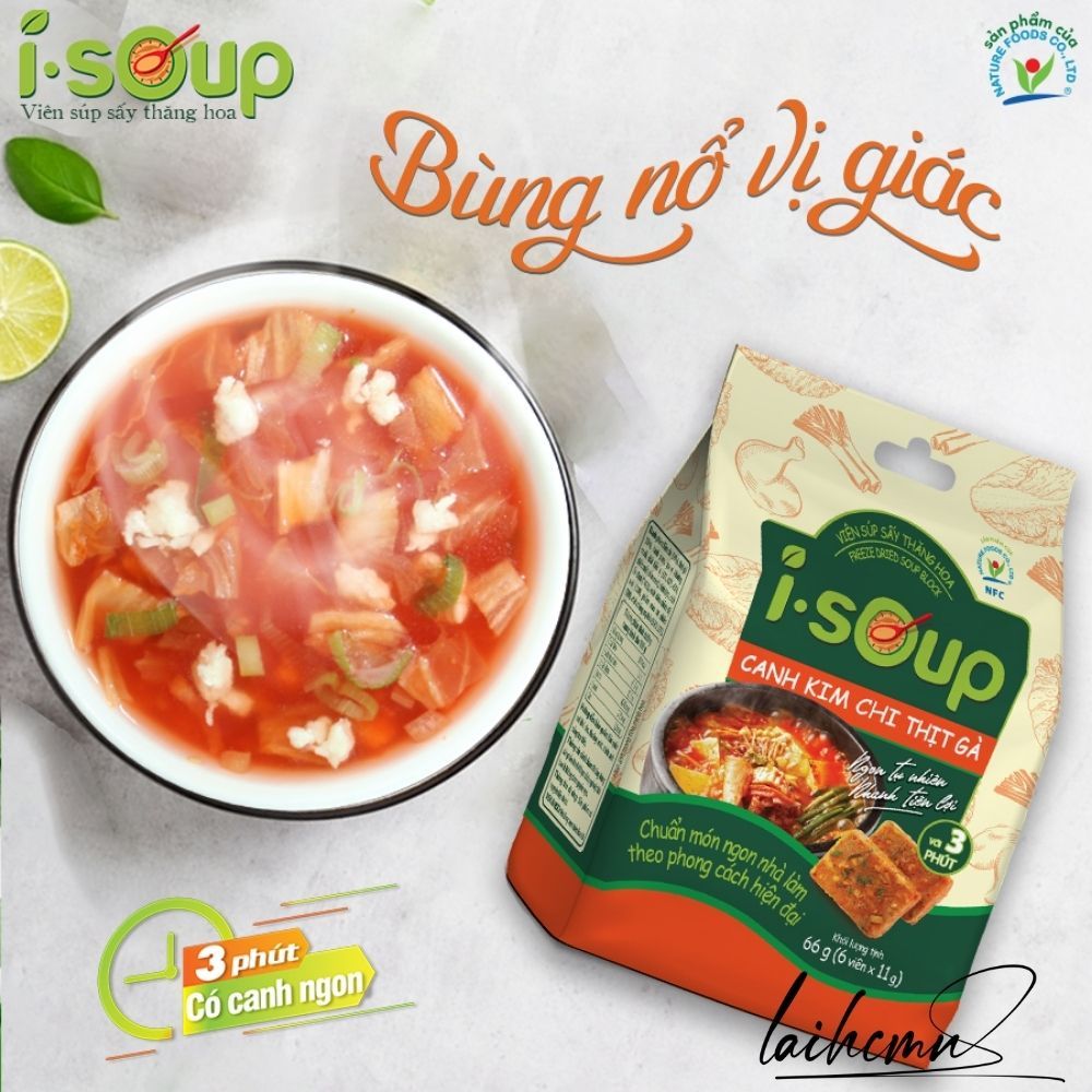 Canh Kim Chi Thịt Gà Ăn Liền I-Soup 66g  Viên Sấy Thăng Hoa Canh Lười Tiết Kiệm Thời Gian Ngon Như Mẹ Nấu