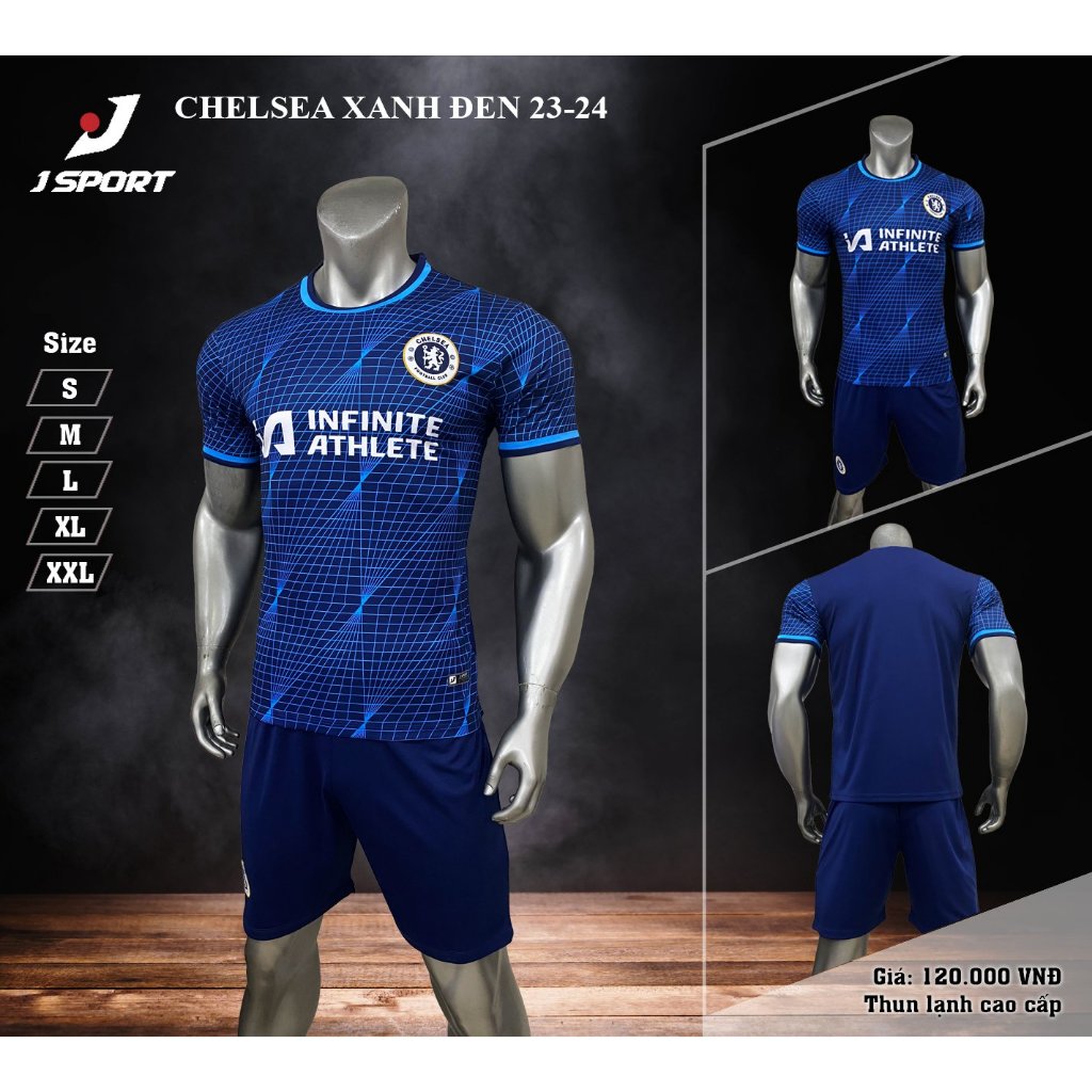 Bộ Quần Áo Đá Bóng Chel Xanh Đen Logo Thêu , Thun Lạnh Cao Cấp Thoáng Mát A3