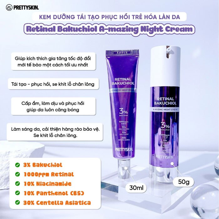 Kem dưỡng Pretty Skin retinal bakuchiol night cream tái tạo phục hồi, trẻ hóa làn da Prettyskin