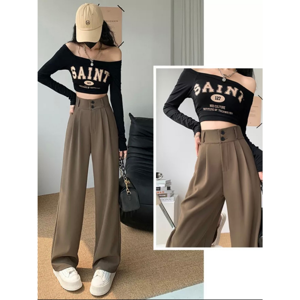 Quần ống rộng cạp cao 2 khuy, quần culottes dáng dài tôn eo siêu đẹp | BigBuy360 - bigbuy360.vn