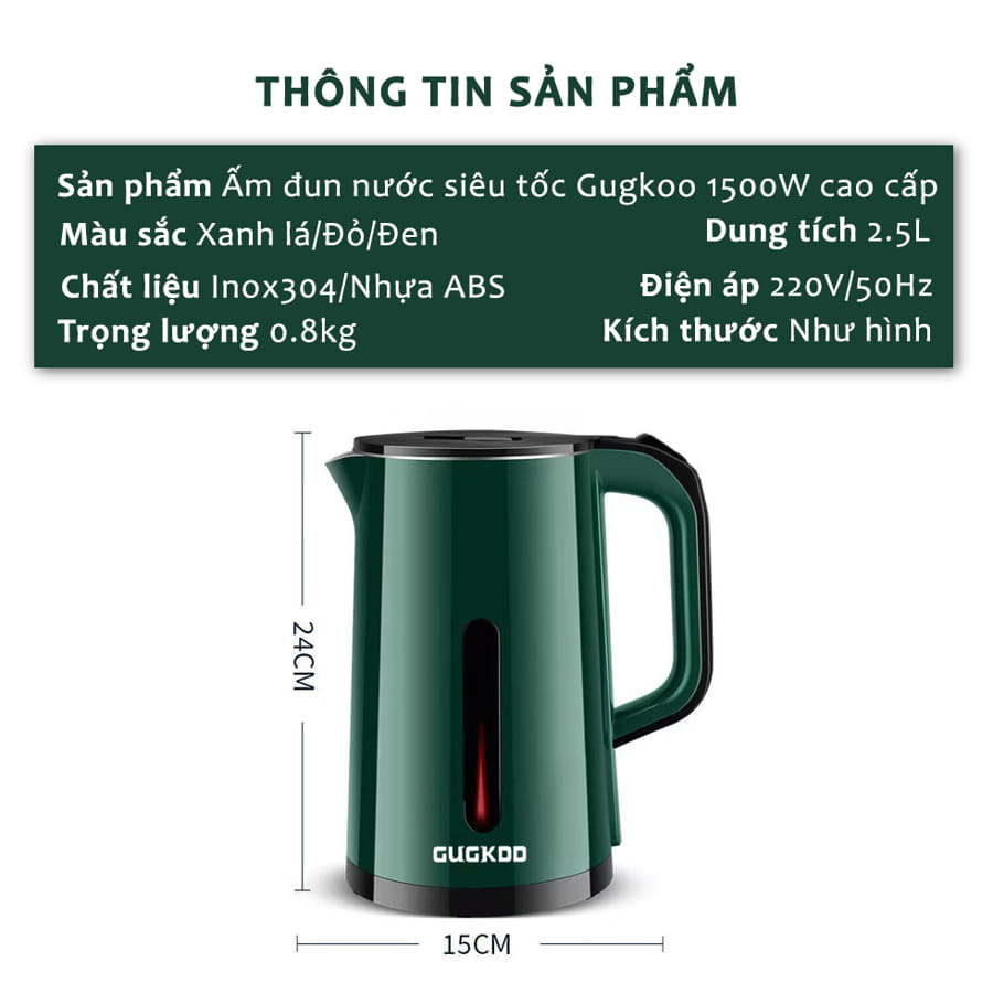 Ấm siêu tốc đun nước Cuckoo công suất cao 1500W tự ngắt điện khi sôi, 2 lớp cách nhiệt dung tích 2.5L, bảo hành 12 tháng