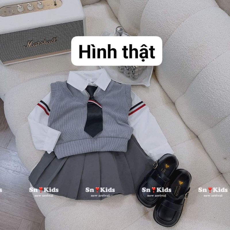 Set học sinh cho bé gái 8 đến 28kg.video +hình thật trải sàn.set 3 món ak