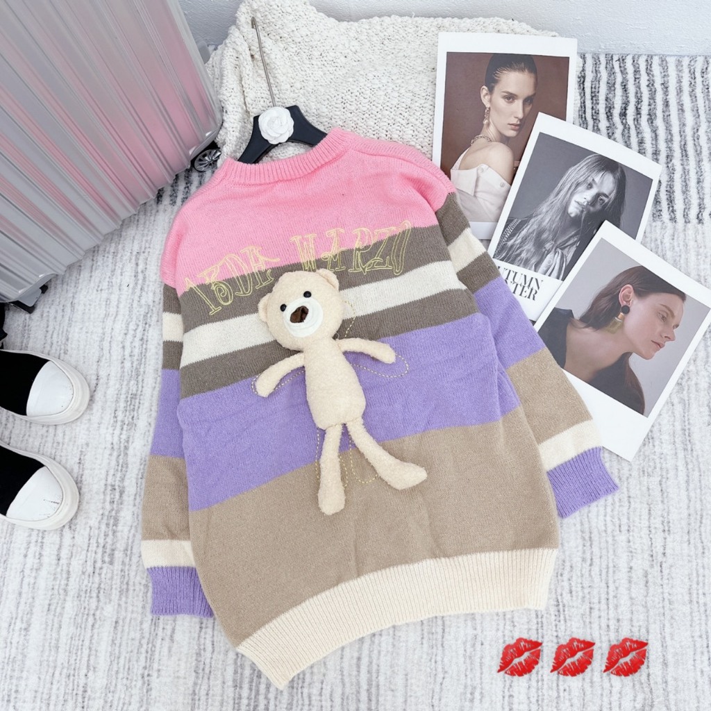 Áo len kẻ màu dài tay oversize kèm gấu sau lưng