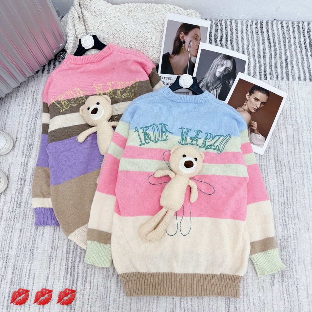 Áo len kẻ màu dài tay oversize kèm gấu sau lưng